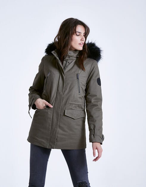 Parka mi-longue à capuche premium Ikks kaki  pour Femme