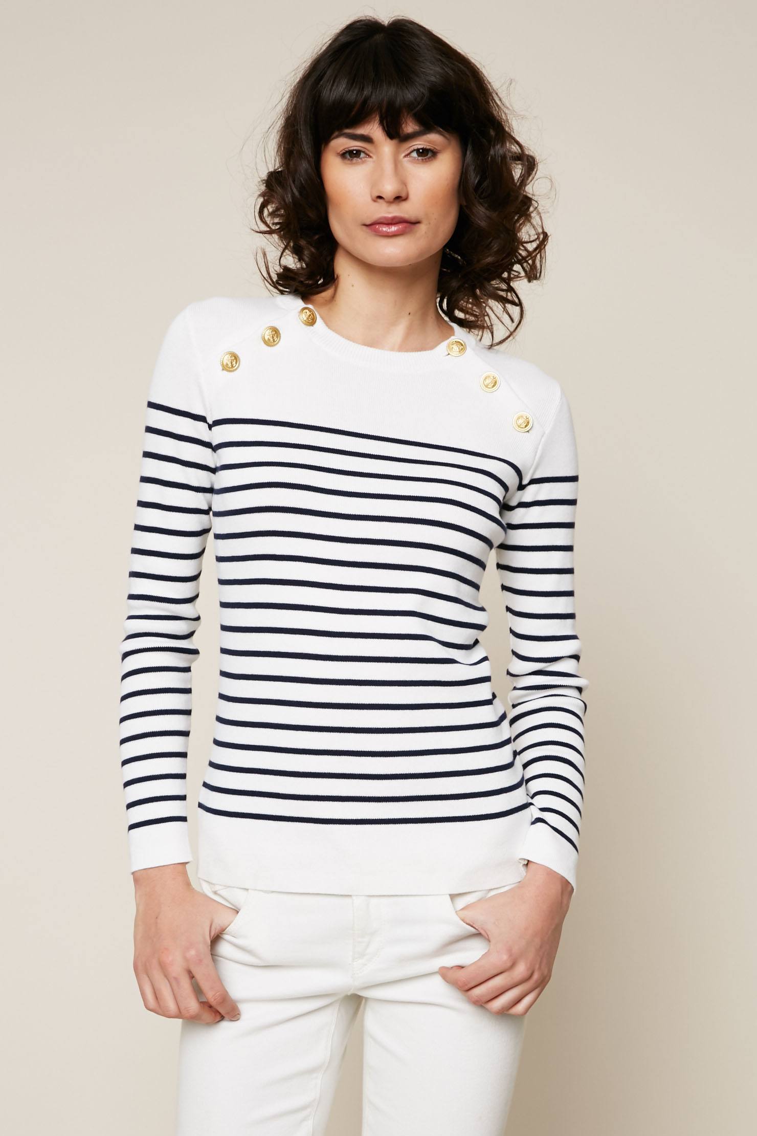 Petit Bateau Pull marin Miro à boutons fantaisie rayé blanc/bleu