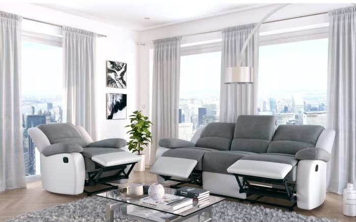 RELAX Ensemble canapé relaxation 3 places + fauteuil Tissu gris et simili blanc Contemporain