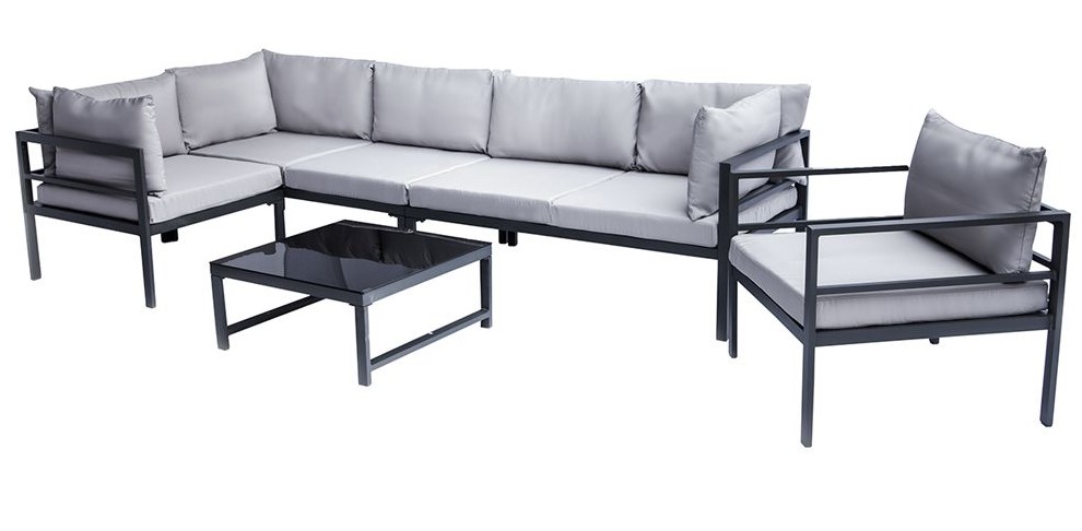 Salon de jardin en métal SALENTO avec table canapé d'angle et fauteuil avec coussin 