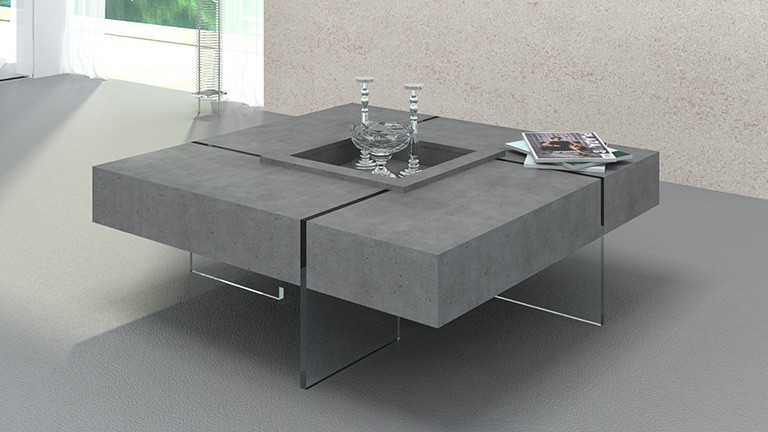Table basse carrée Crystalline Beton avec pieds en verre design, Table basse Mobilier Moss