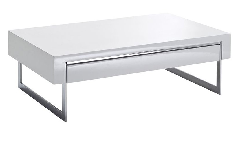 Table basse design COOPER avec tiroir blanc laqué et métal chromé