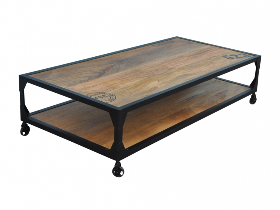Table basse en bois de manguier et fer avec 4 roulettes LILIAN - Vente unique