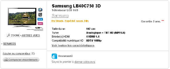 Téléviseur LCD 16/9 Samsung LE40C750 3D Prix 1 329 Euros Fnac