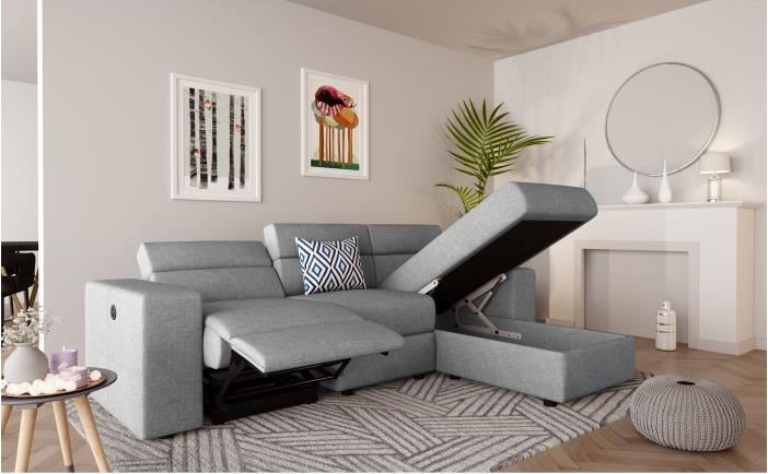 TILIO Canapé de relaxation électrique angle droit fixe 3 places Tissu gris clair Contemporain