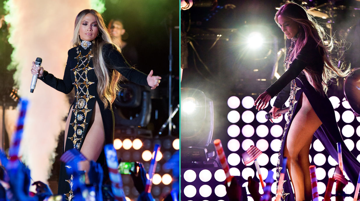 PHOTOS Jenni­fer Lopez trahie par son costume de scène, elle en montre trop