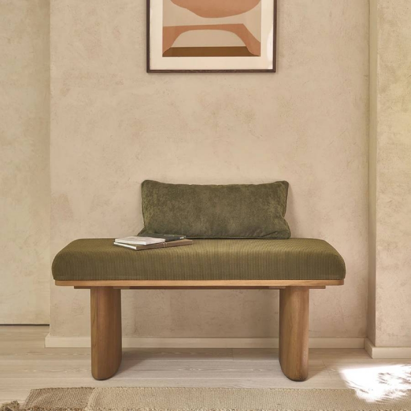 Banc AMBRE en teck massif et tissu velours cotelé vert 100 cm de Berah Getah