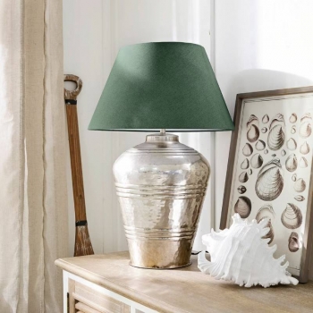 Lampe à poser SYBELL Pied Laiton Abat-jour 100% coton crème pétrole/argenté vieilli de Loberon