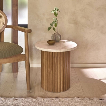 Table d'appoint ronde COLINE en teck massif et marbre Blanc de Berah Getah